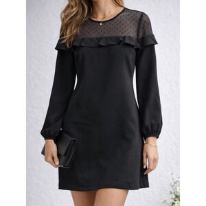 LOFT Shift Dress Women 0 Black Excellent Mesh Swiss Dot Ruffle Long Sleeve Mini